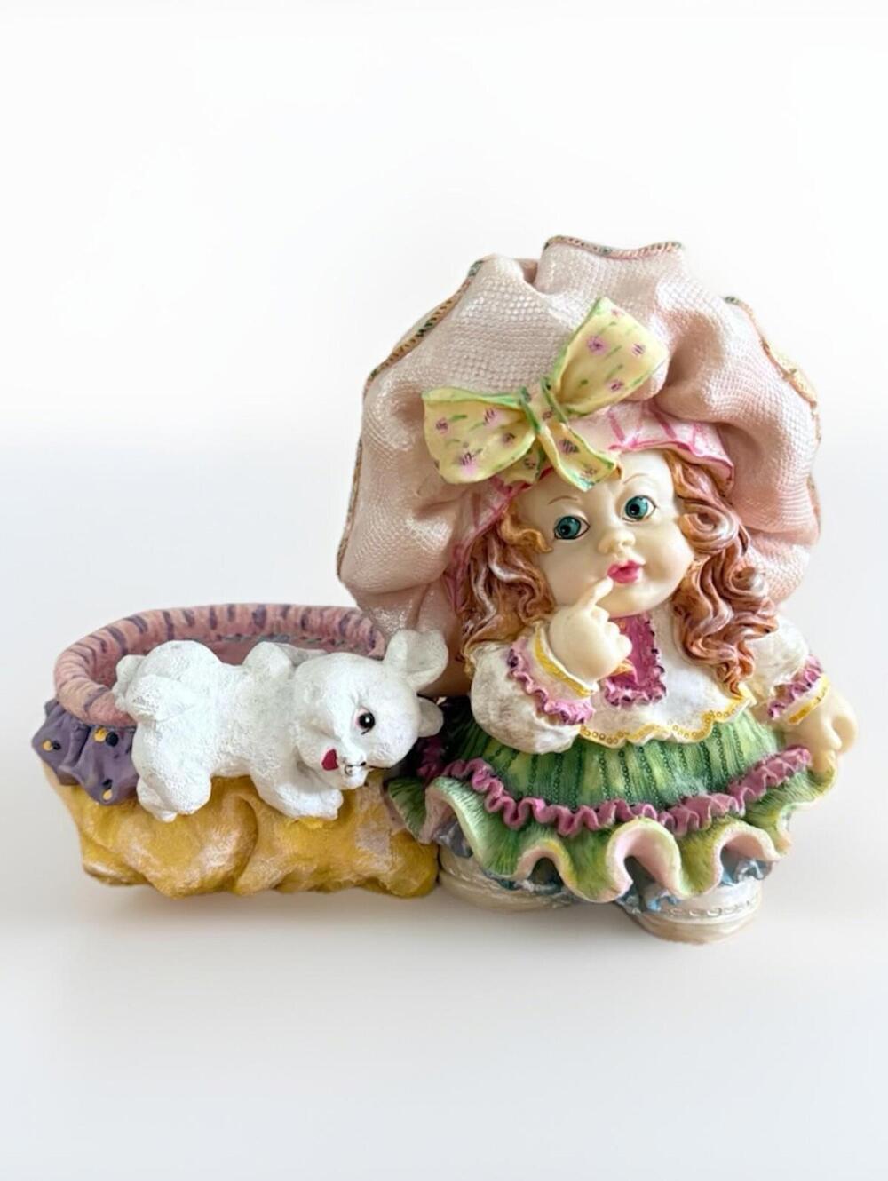 Vintage Collectible Figurine Bunny Girl Big Pink Hat Resin  5.5 Inches Tall